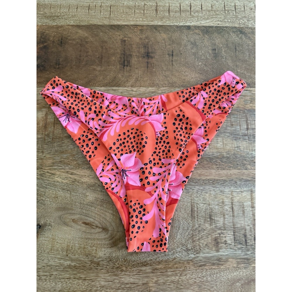 Tropical Floral Bikini Bottom Women's Medium Orange Pink High Leg Swim Briefs